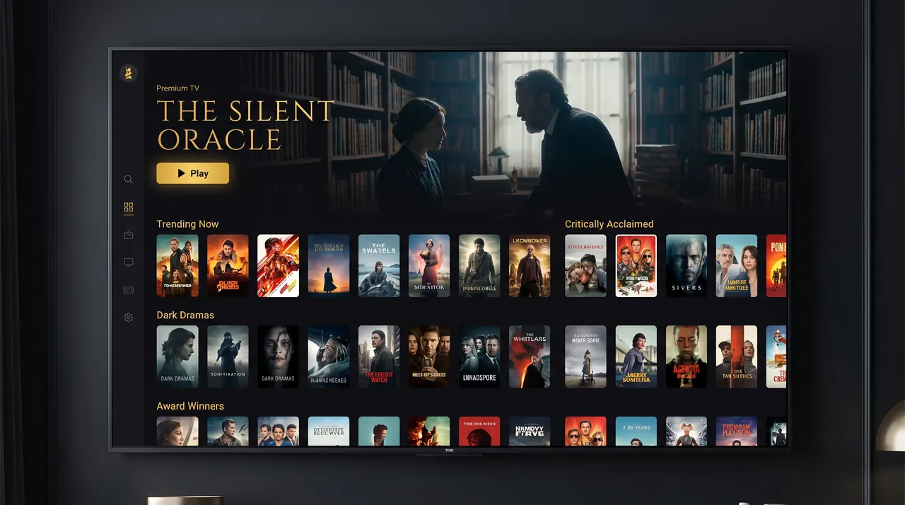 IPTV Balkan video-on-demand interface with hundreds of movie and series posters in an elegant dark menu